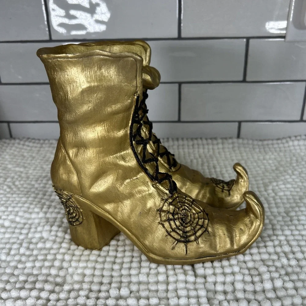 Halloween Witch Boots Decoration Wicked Witch Gold-tone Spiders 7.5 inches